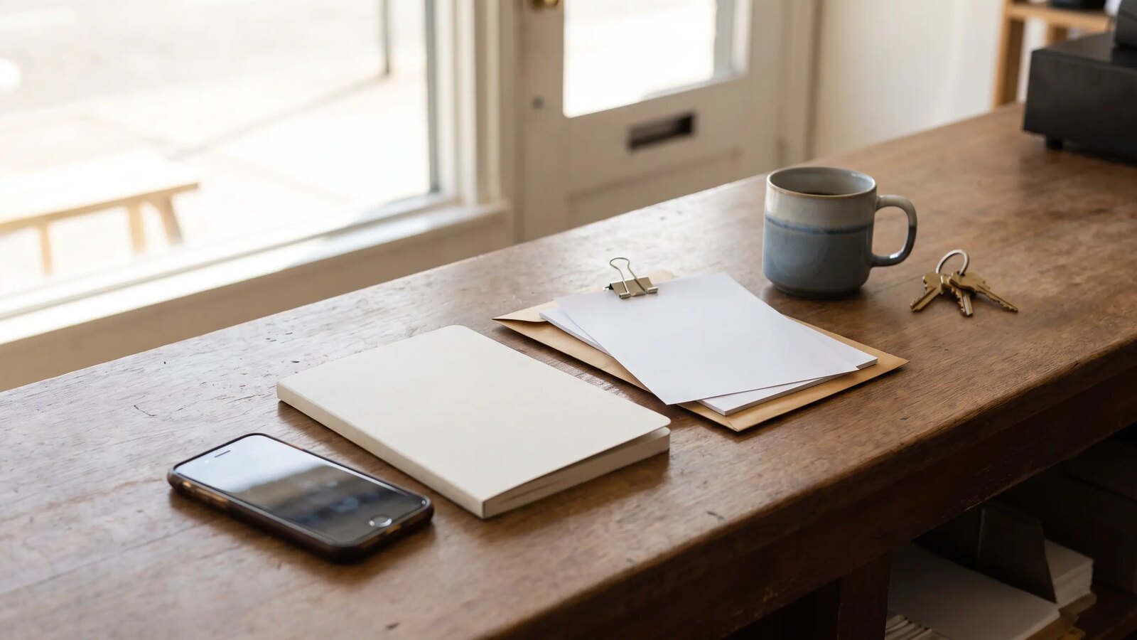 Mostrador de madera con un teléfono boca abajo, una libreta cerrada, hojas en blanco y sobres con un clip y una taza de café bajo luz de mañana.