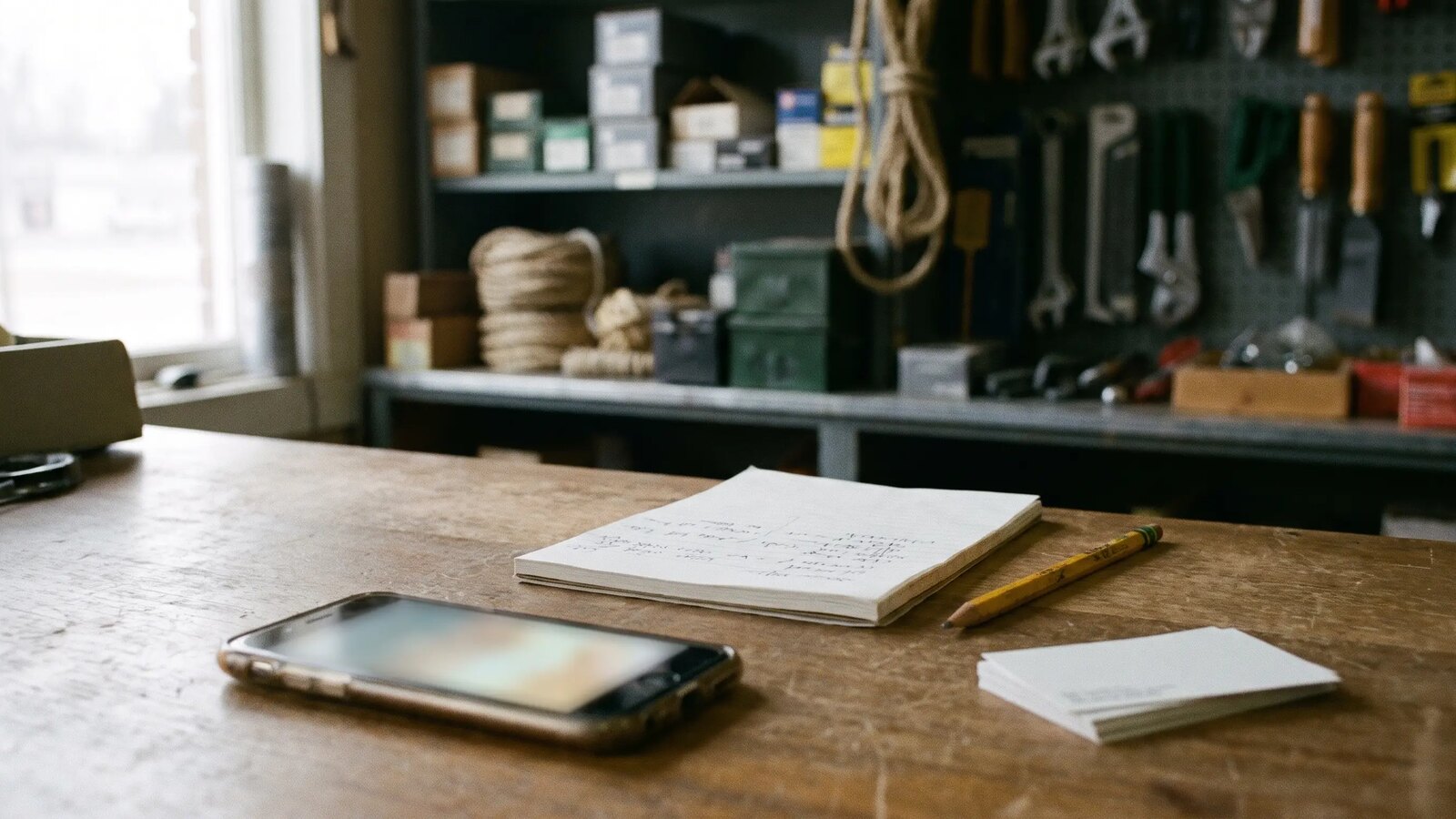 Mostrador de madera de una ferretería con un teléfono encendido, una libreta abierta, un lápiz y tarjetas en blanco, con estantes de herramientas desenfocados al fondo.