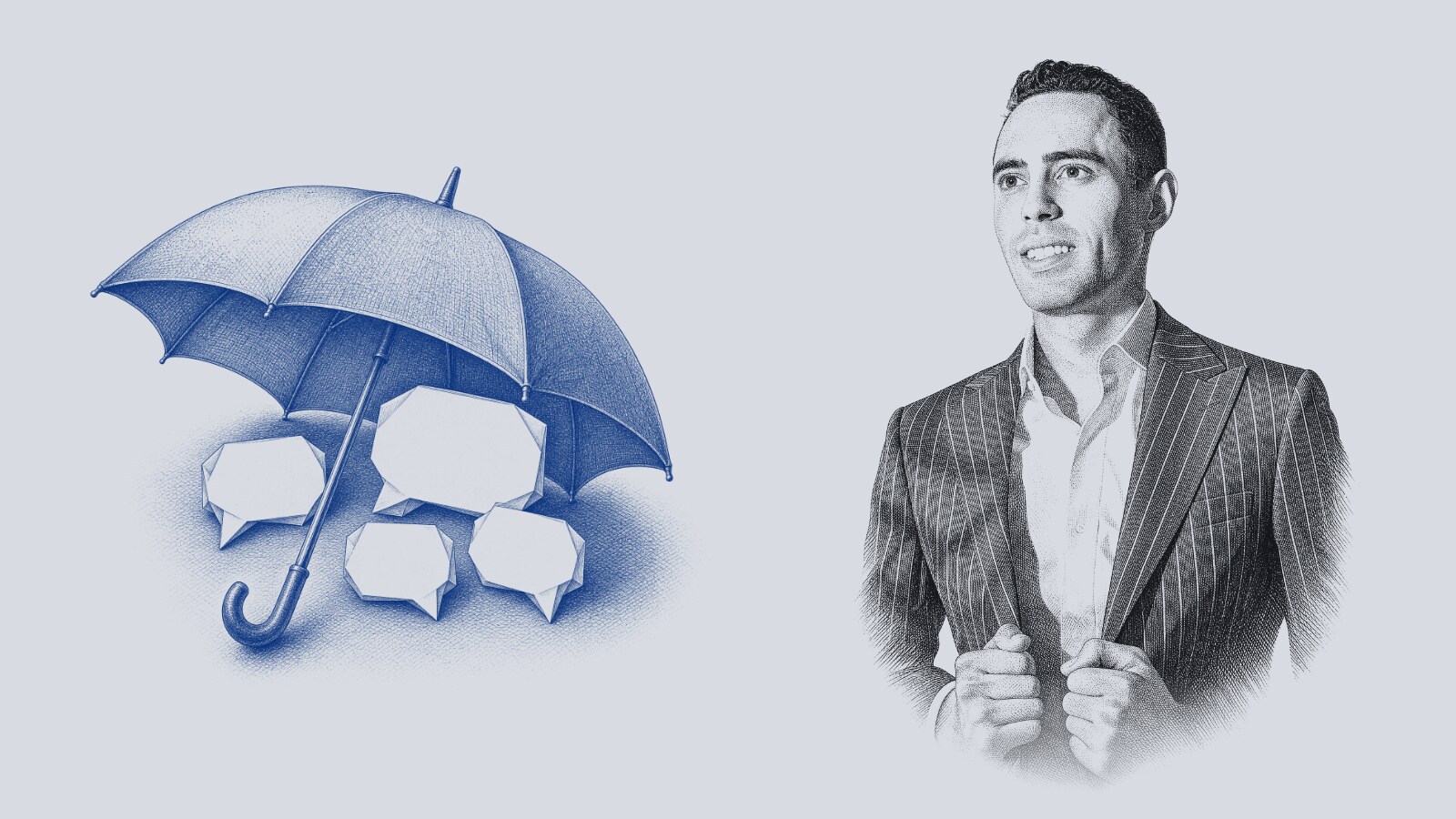 Retrato en grabado de Manuel de León con traje de rayas, tomando las solapas del saco junto a un paraguas abierto que cubre cuatro globos de diálogo de papel en blanco