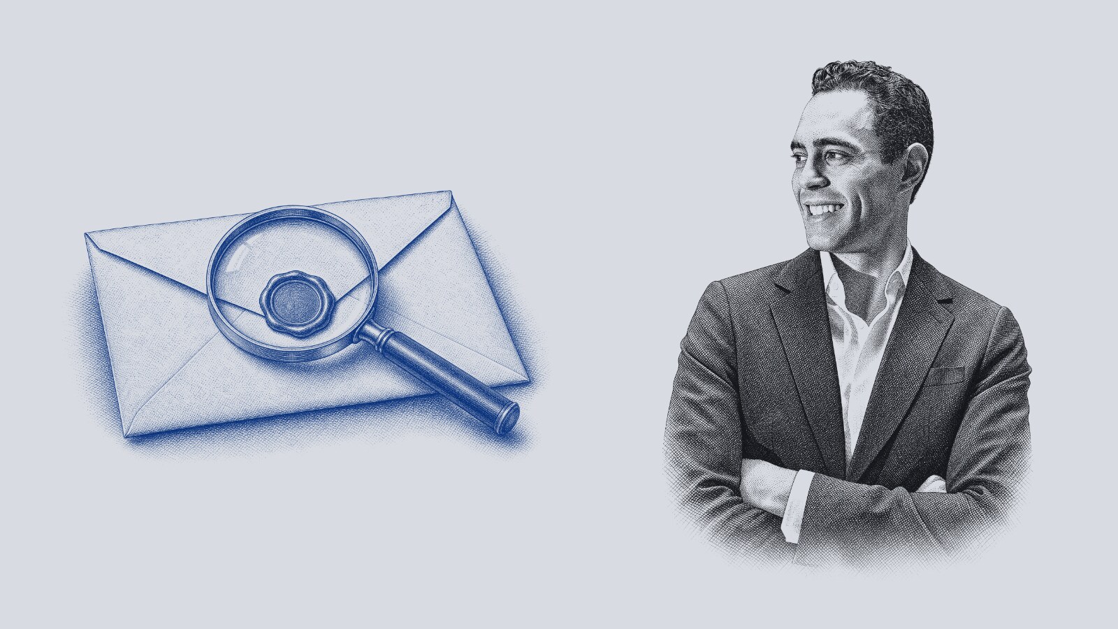 Retrato en grabado de Manuel de León con saco oscuro y los brazos cruzados, riendo junto a un sobre cerrado con sello de cera y una lupa apoyada encima