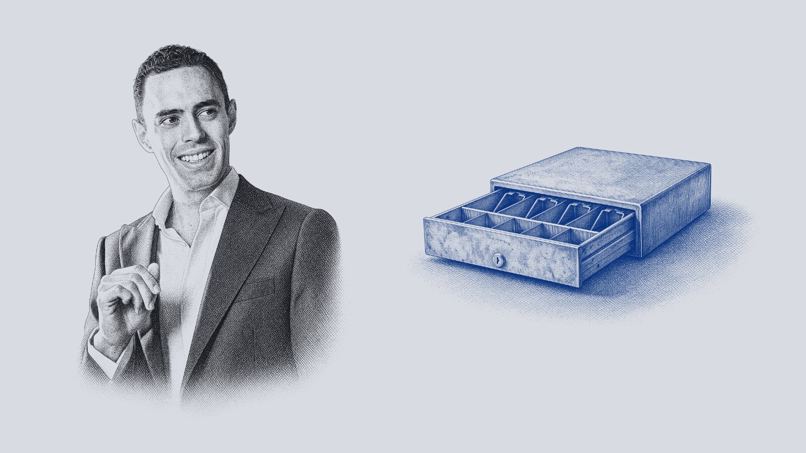 Retrato en grabado de Manuel de León con saco oscuro, sonriente, acomodándose el puño de la camisa junto a el cajón de una caja registradora, abierto y vacío