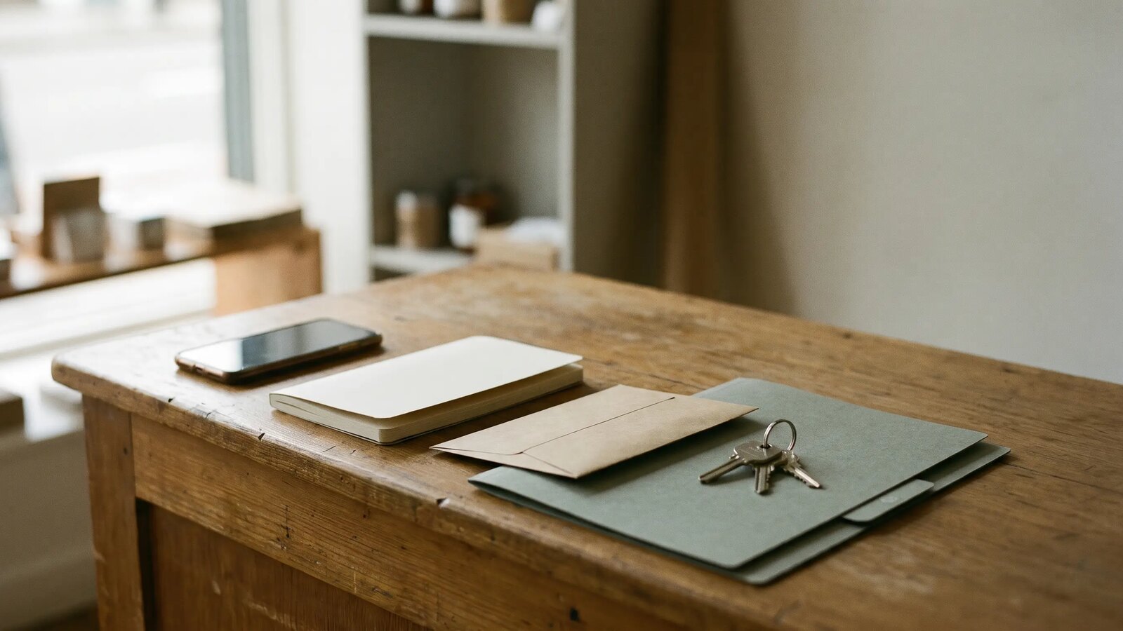 Mostrador de madera con un teléfono boca abajo, una libreta cerrada, un sobre y unas llaves sobre una carpeta, iluminado por luz natural.